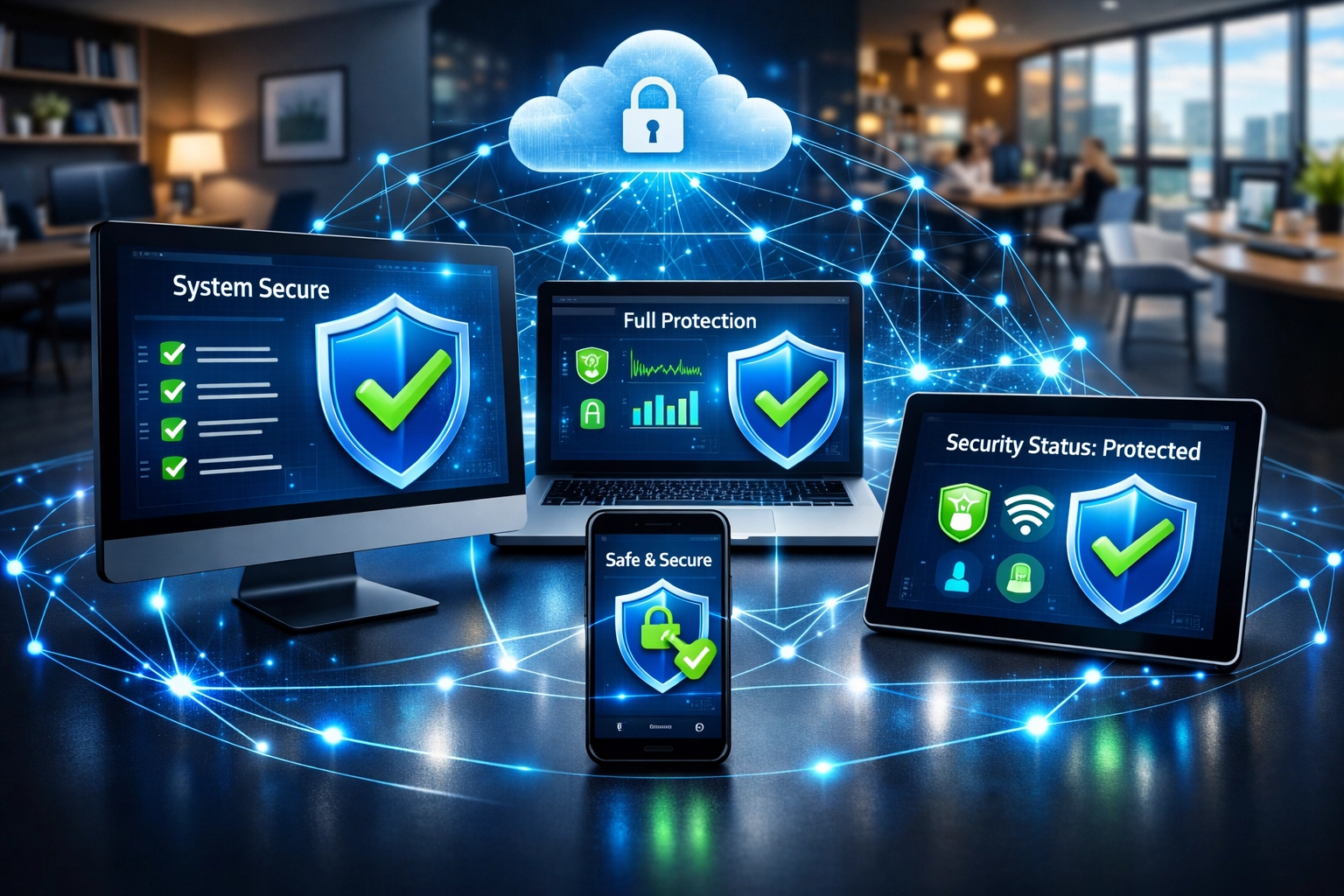 Multi-device security protection showing desktop, laptop, mobile, and cloud protection
