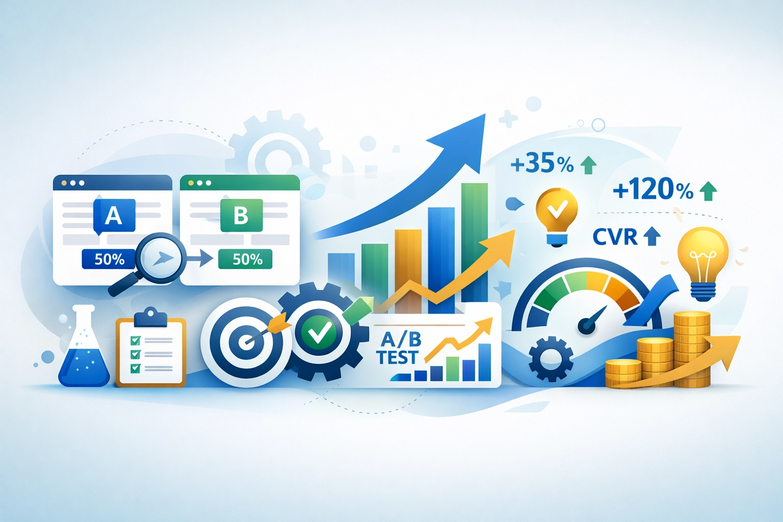 Growth and optimization visualization showing A/B testing and continuous improvement