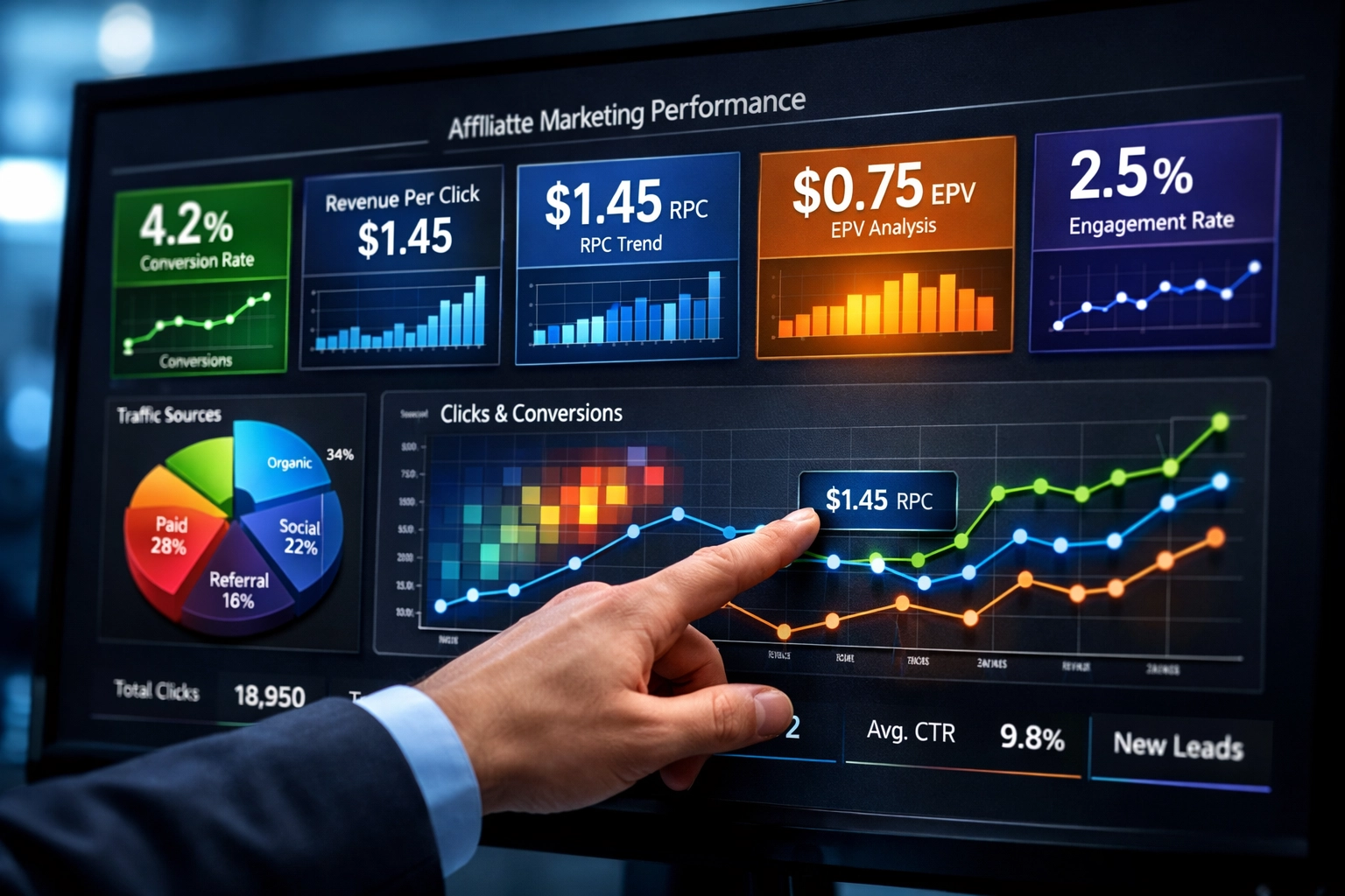 Digital dashboard displaying affiliate marketing performance metrics and KPIs
