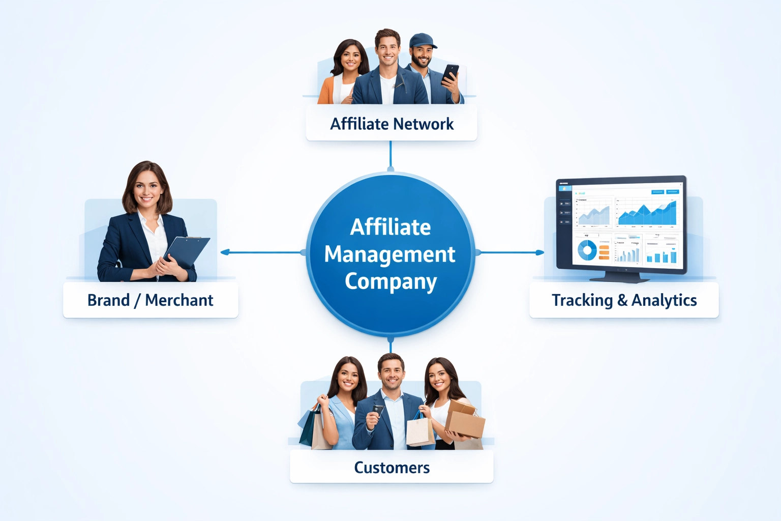 Affiliate management ecosystem showing connections between brand, affiliates, tracking, and customers
