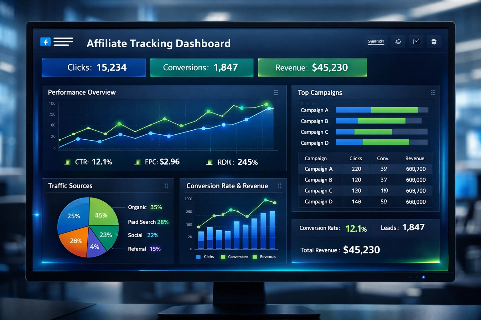 Professional affiliate tracking dashboard with real-time metrics and data visualization