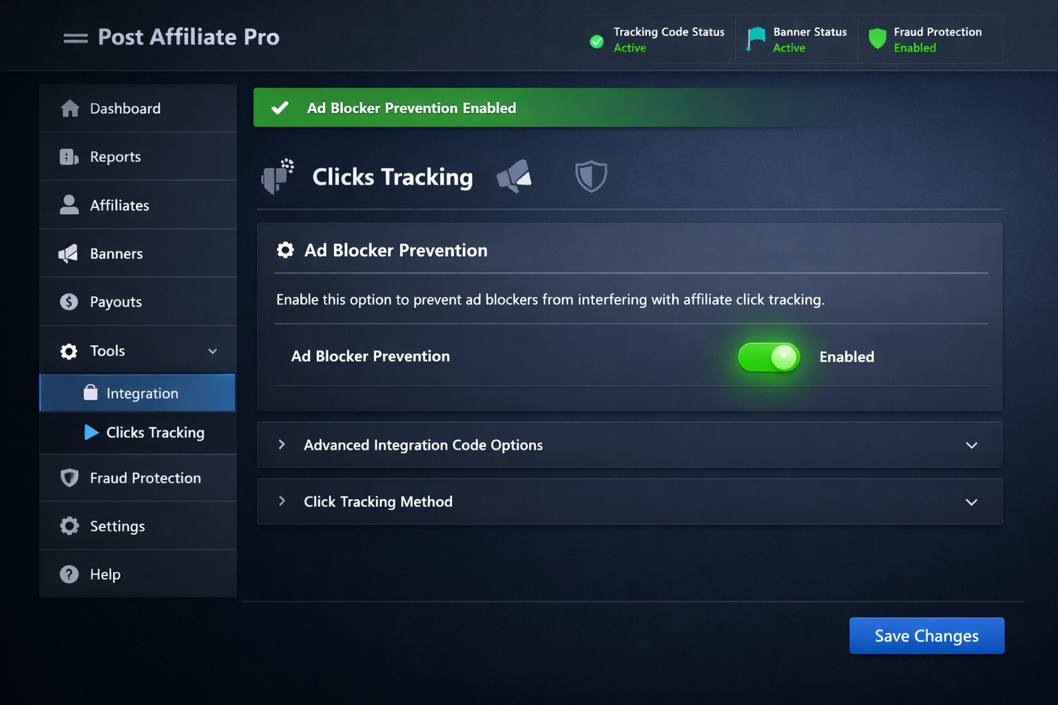 Post Affiliate Pro merchant dashboard showing ad blocker prevention feature in Tools Integration menu