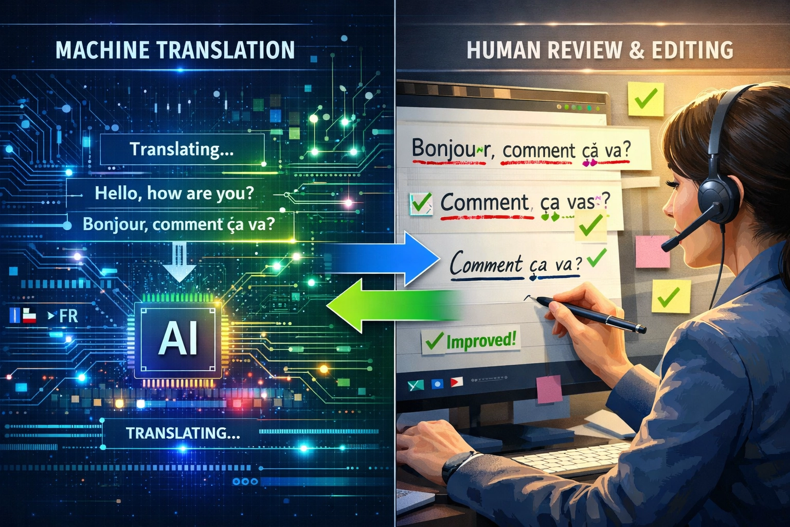 Split-screen showing machine translation workflow with AI automation on left and human review on right