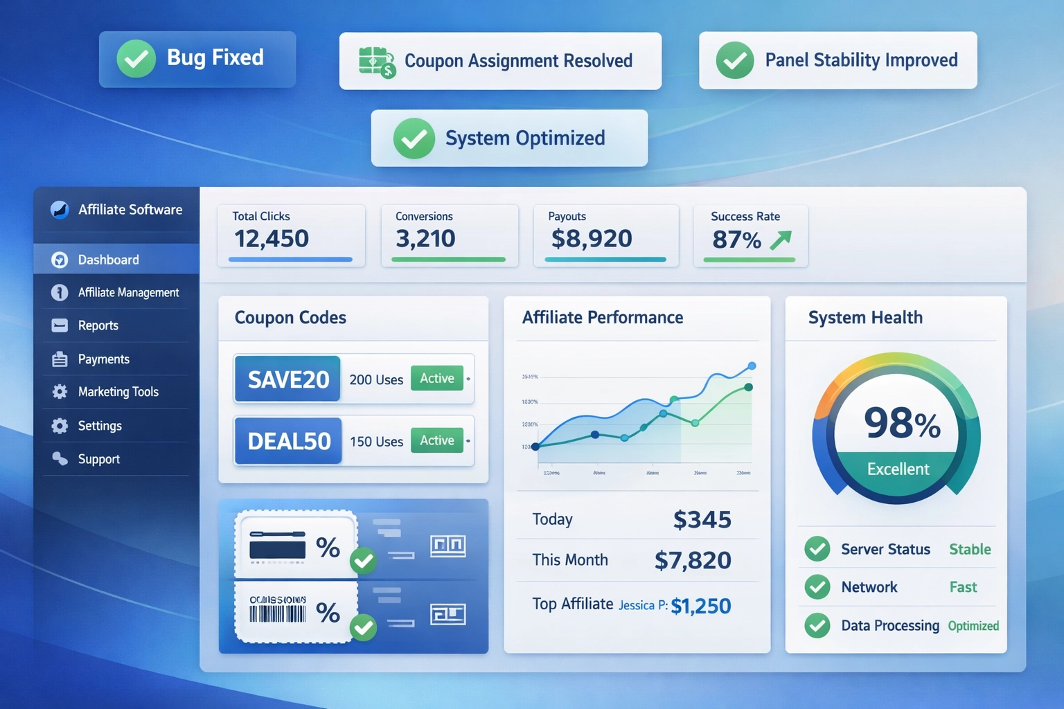 Modern software dashboard showing bug fix notifications and improvements with checkmarks and success indicators