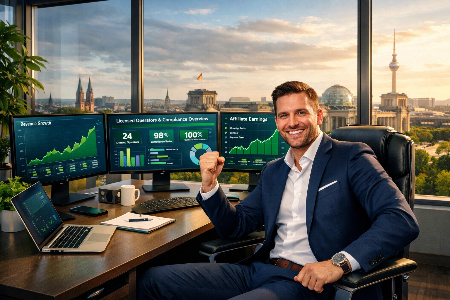 Successful affiliate marketer celebrating compliance success with growth charts and licensed operators dashboard