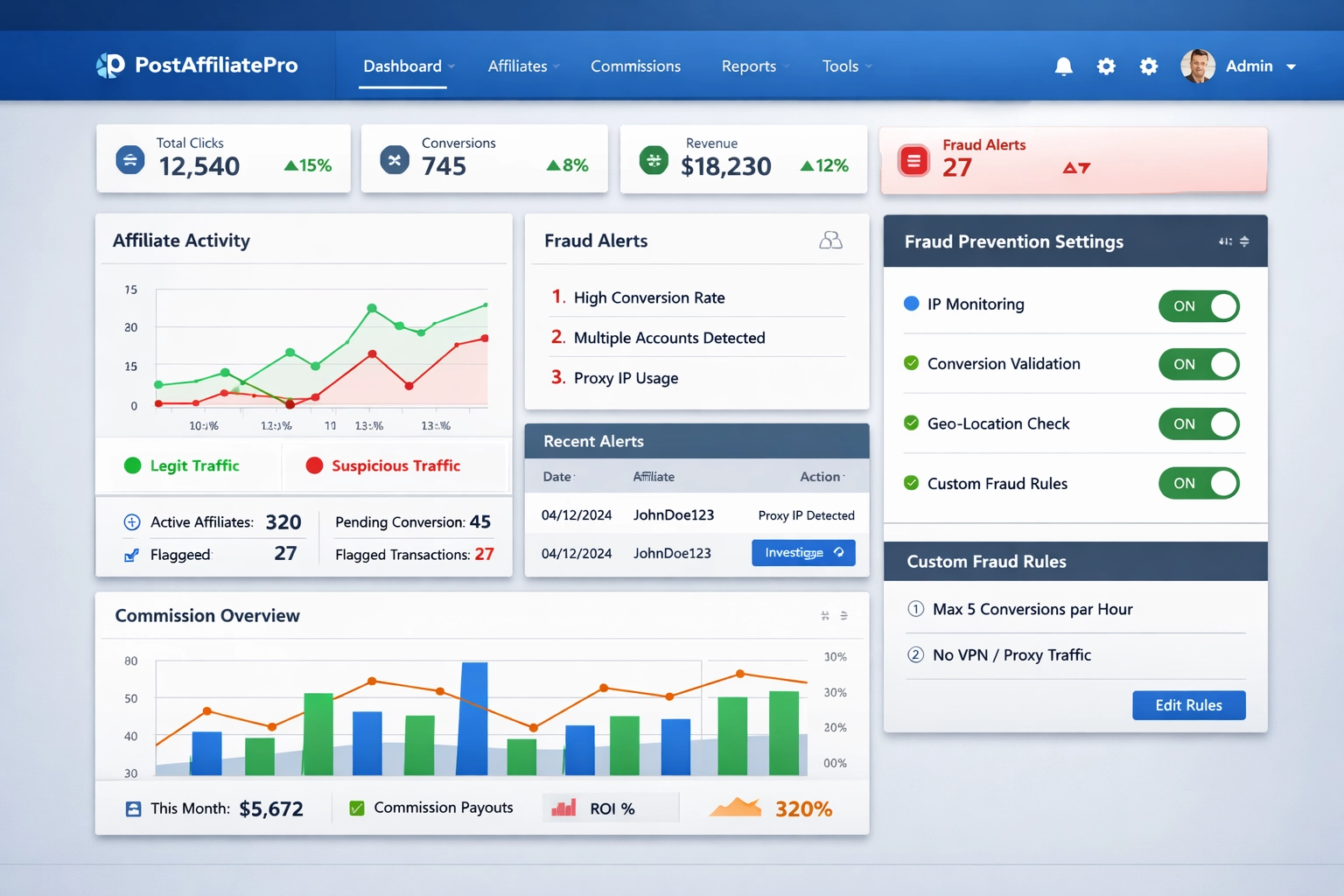 PostAffiliatePro affiliate management software dashboard showing fraud prevention features and real-time monitoring