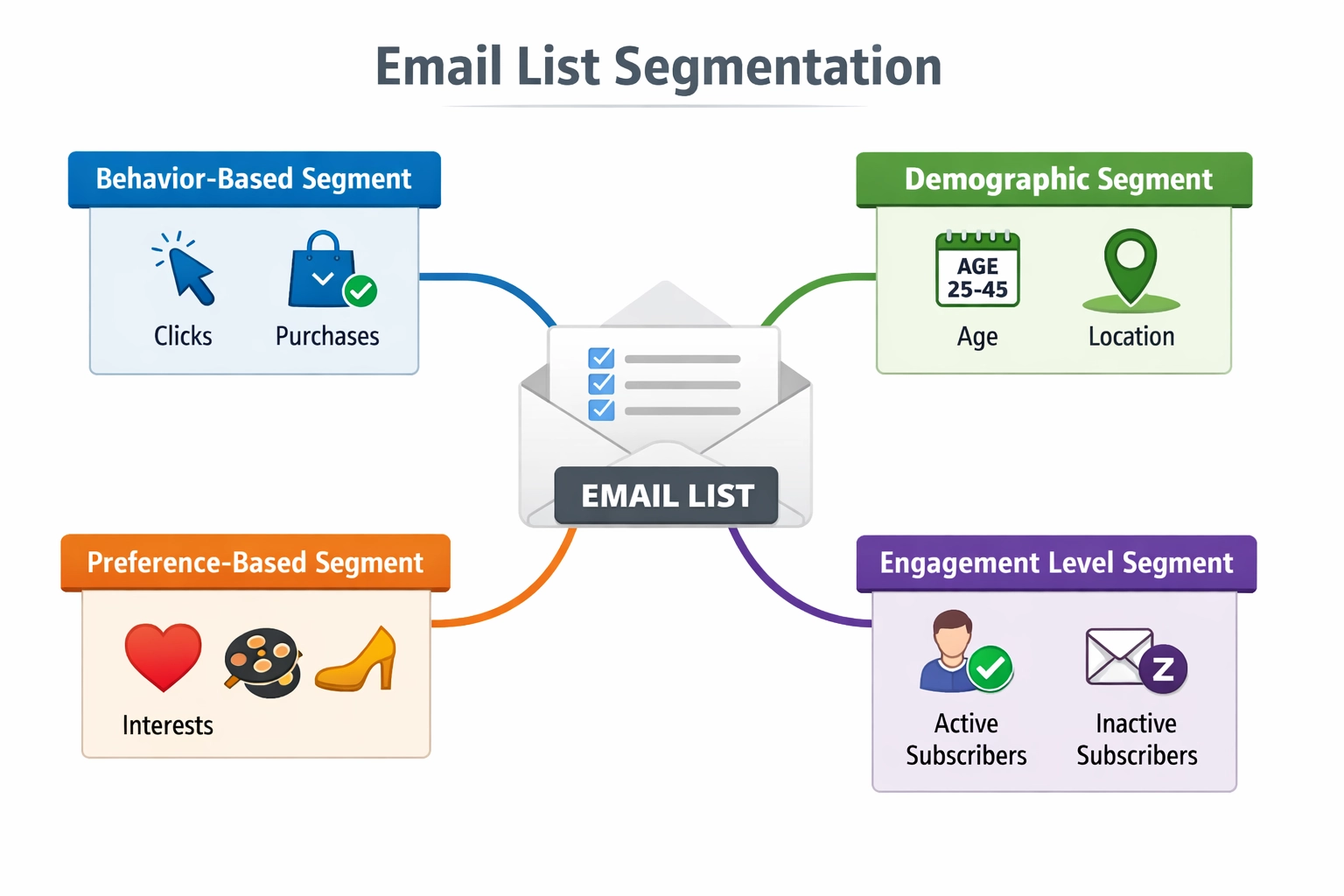 Email list segmentation visualization showing behavior-based, demographic, preference-based, and engagement level segments