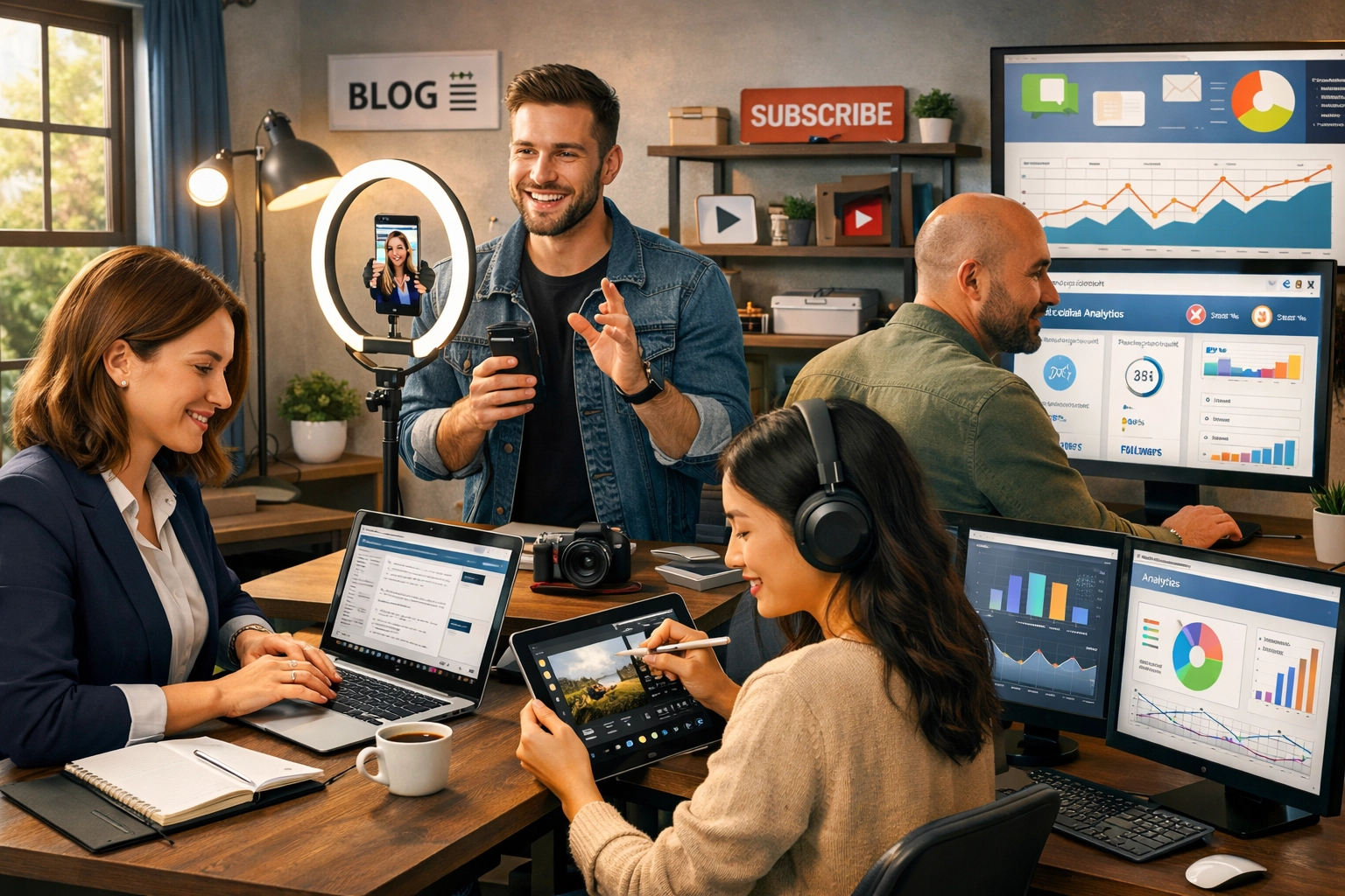 Diverse affiliate marketers and influencers working on different digital platforms