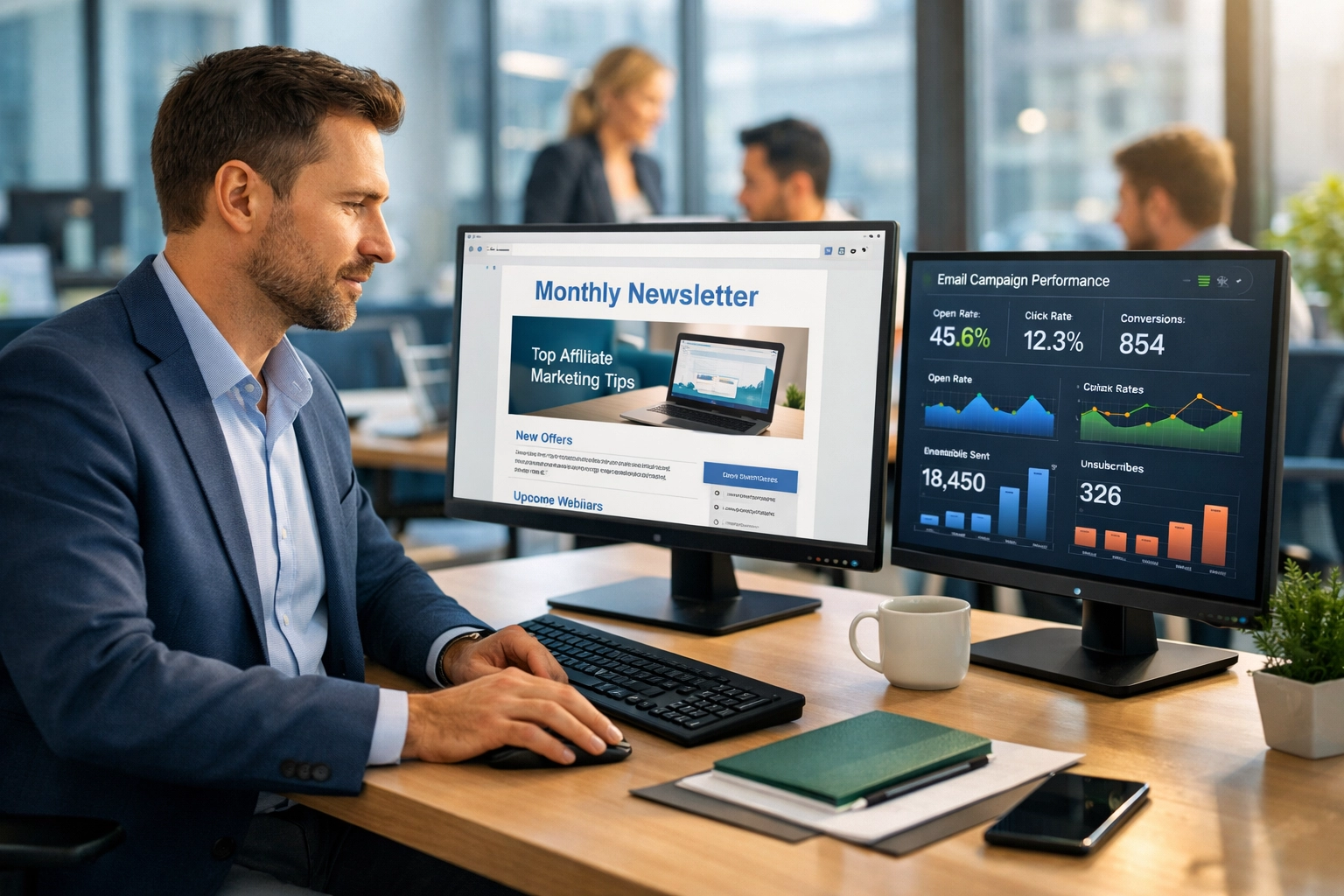 Affiliate manager reviewing email newsletter on computer with team collaboration in background