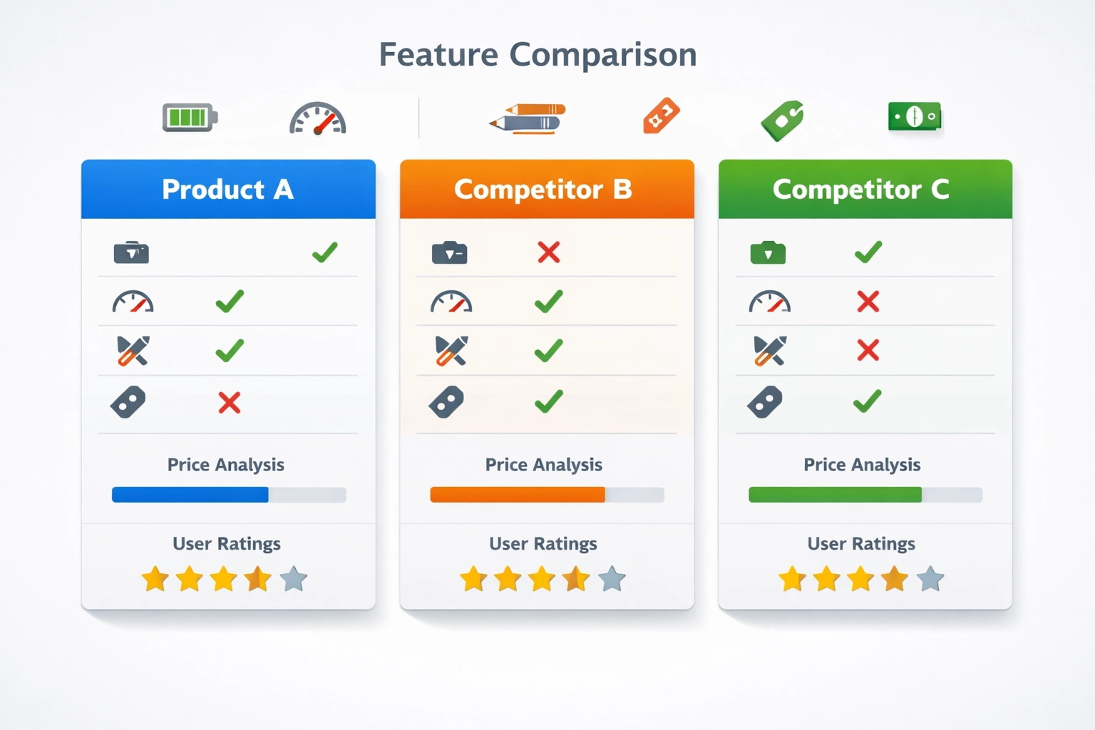 Product comparison framework visualization with feature analysis