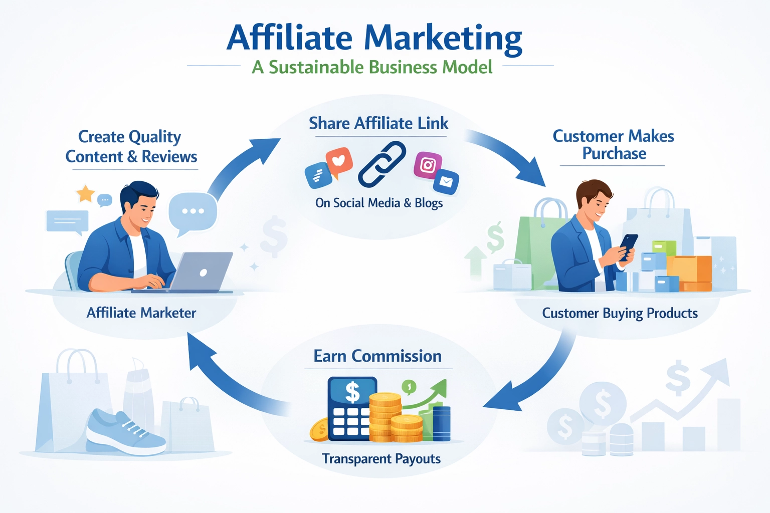 Affiliate marketing workflow showing sustainable commission-based model