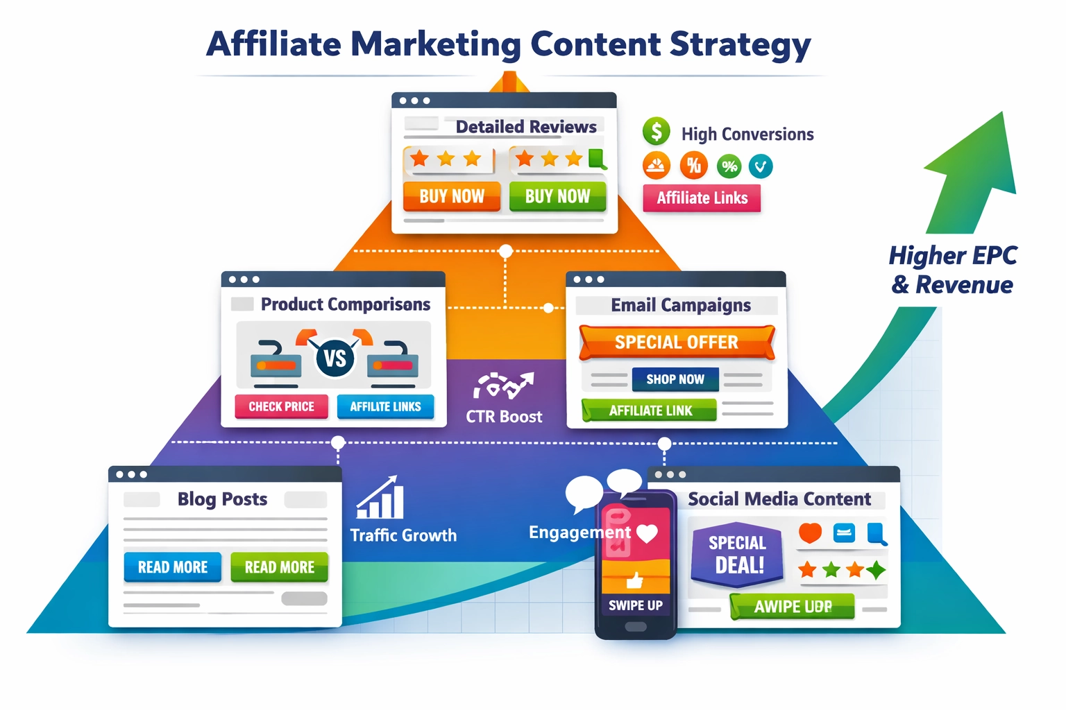 Content strategy visualization showing different content types and their impact on EPC performance