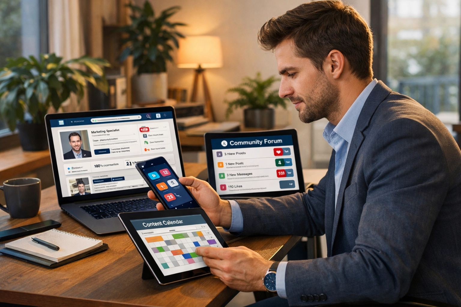 Professional using multiple devices for social media engagement and lead nurturing