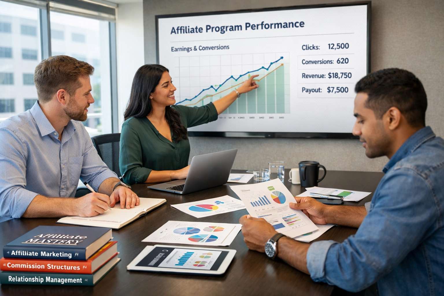 Team of affiliate marketing professionals collaborating on strategy and performance analysis