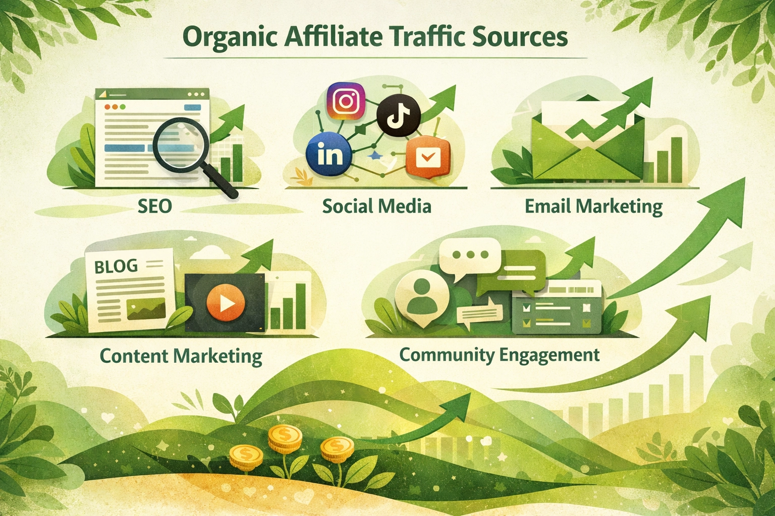 Organic affiliate traffic sources including SEO, social media, email, content, and community