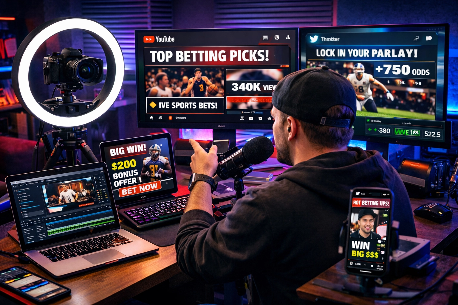 Content creator recording betting affiliate videos