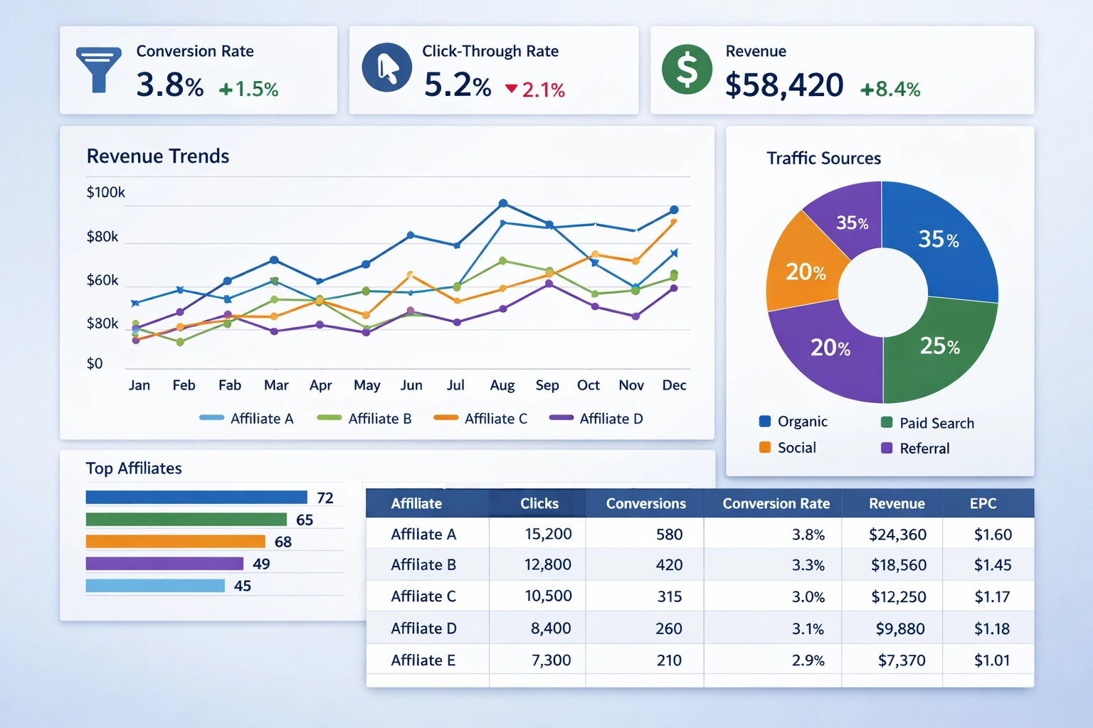 Analytics dashboard showing performance metrics, conversion rates, and revenue data