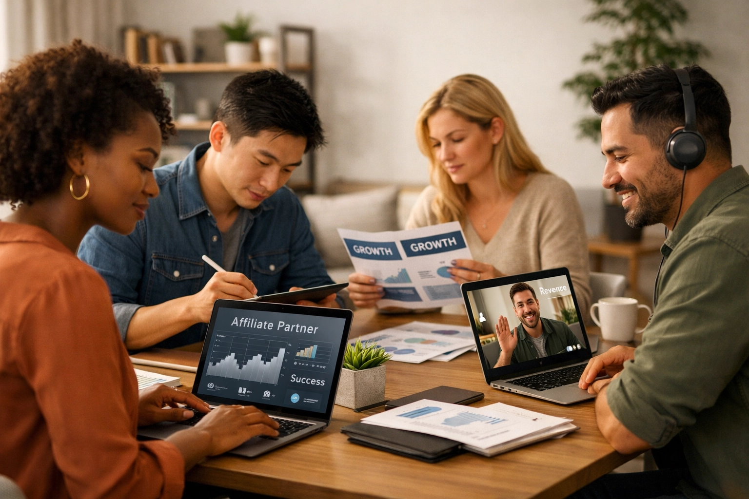 Diverse affiliate partners working on their independent businesses in a modern collaborative workspace