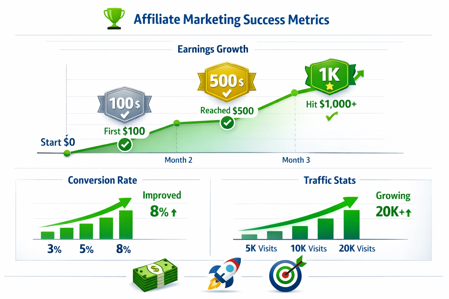 Affiliate marketing success metrics dashboard showing earnings growth and conversion rates