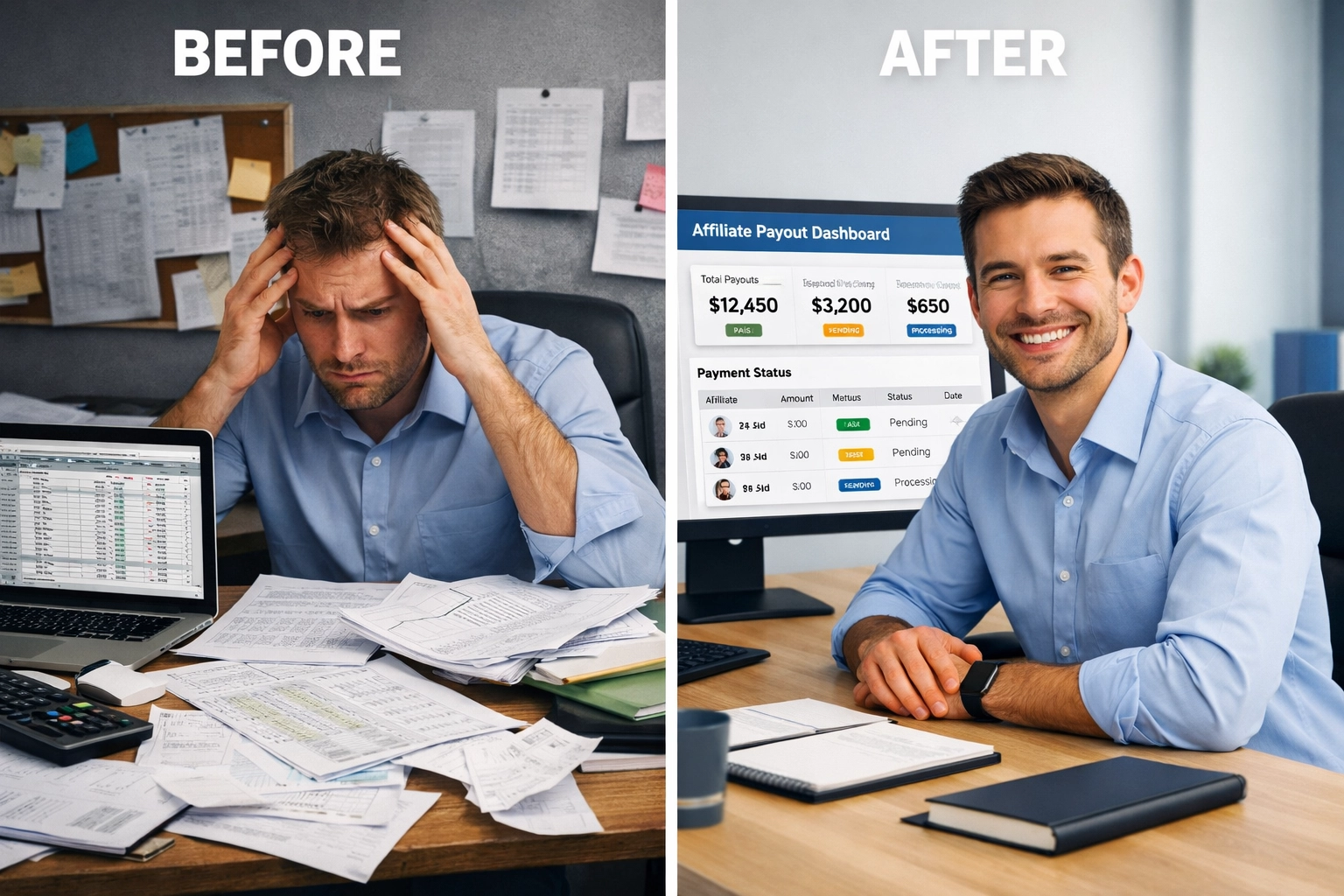 Comparison showing before and after affiliate payout management with PostAffiliatePro