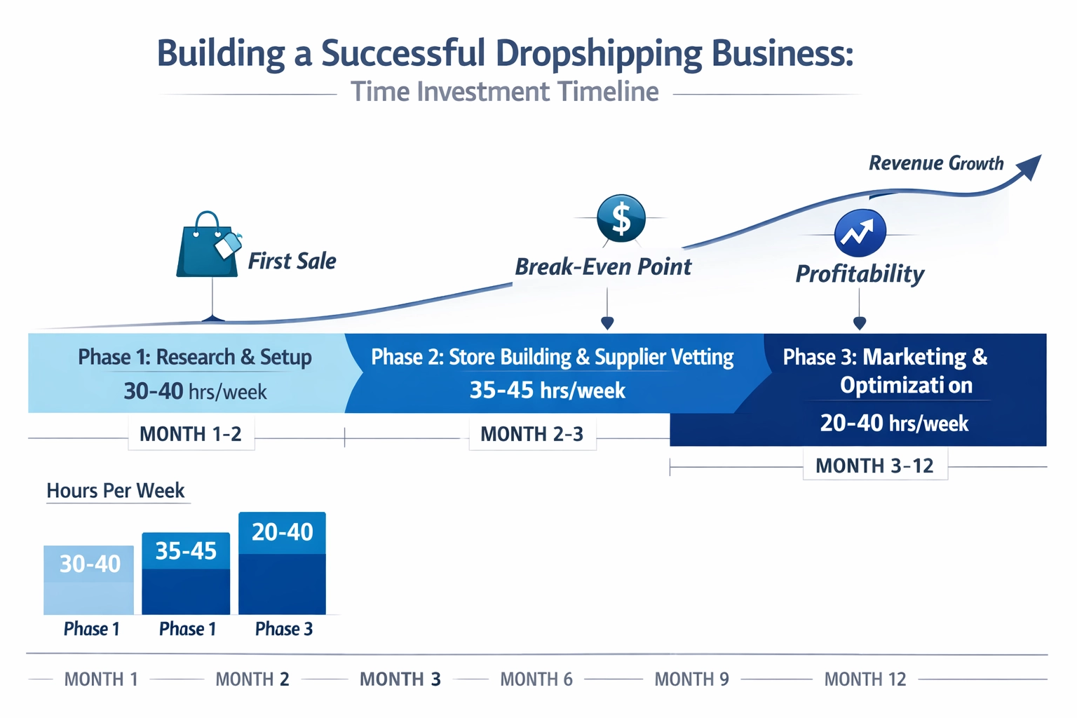Timeline visualization showing 12-month dropshipping business development phases and time investment requirements