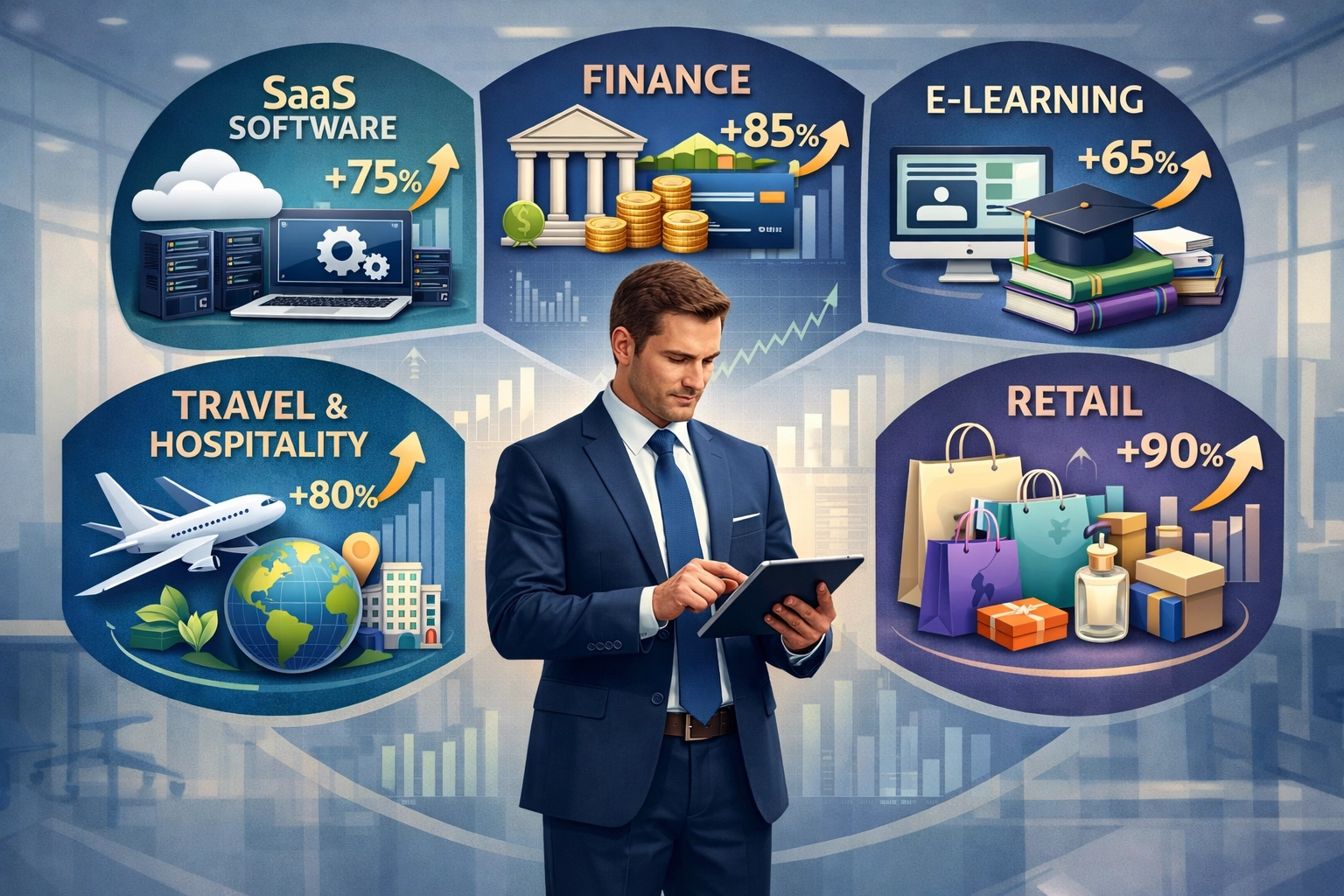 Diverse business sectors showing SaaS, Finance, E-learning, Travel, and Health & Wellness niches with growth indicators