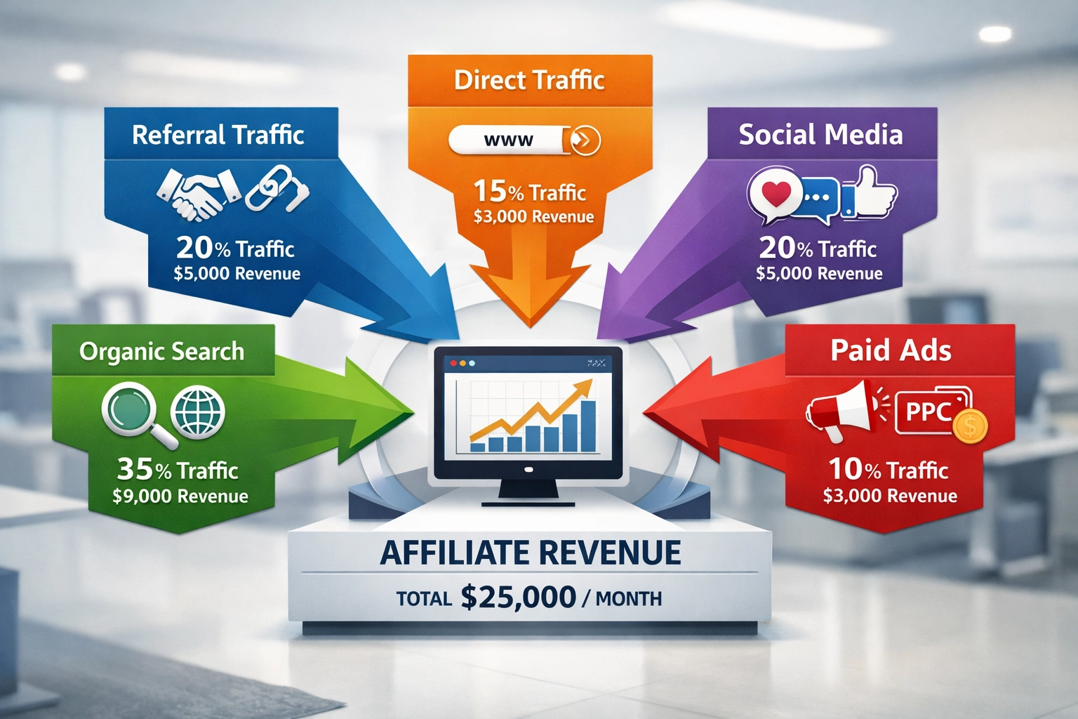 Diversified traffic sources flowing to affiliate website