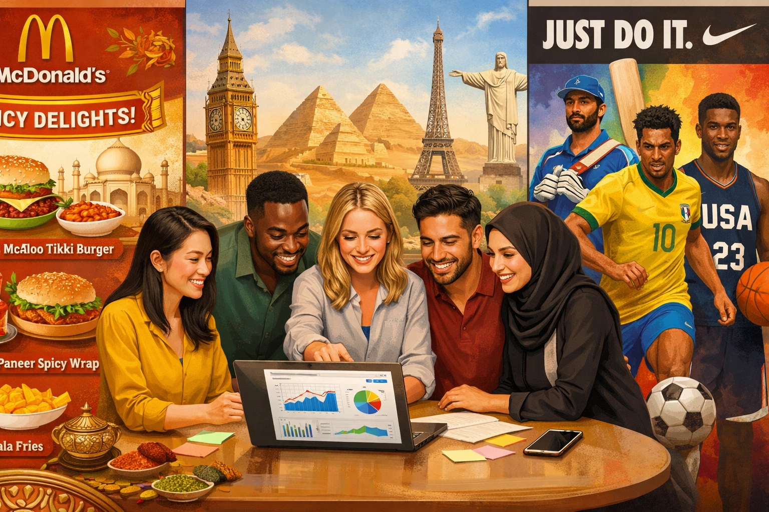 Culturally diverse team collaborating on localized affiliate marketing strategies across different regions