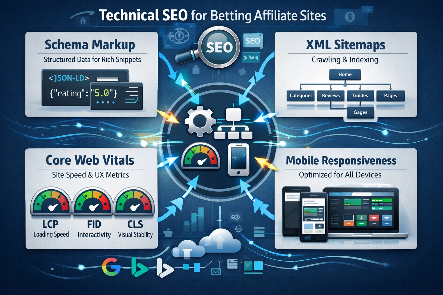 Technical SEO elements including schema markup, XML sitemaps, and Core Web Vitals