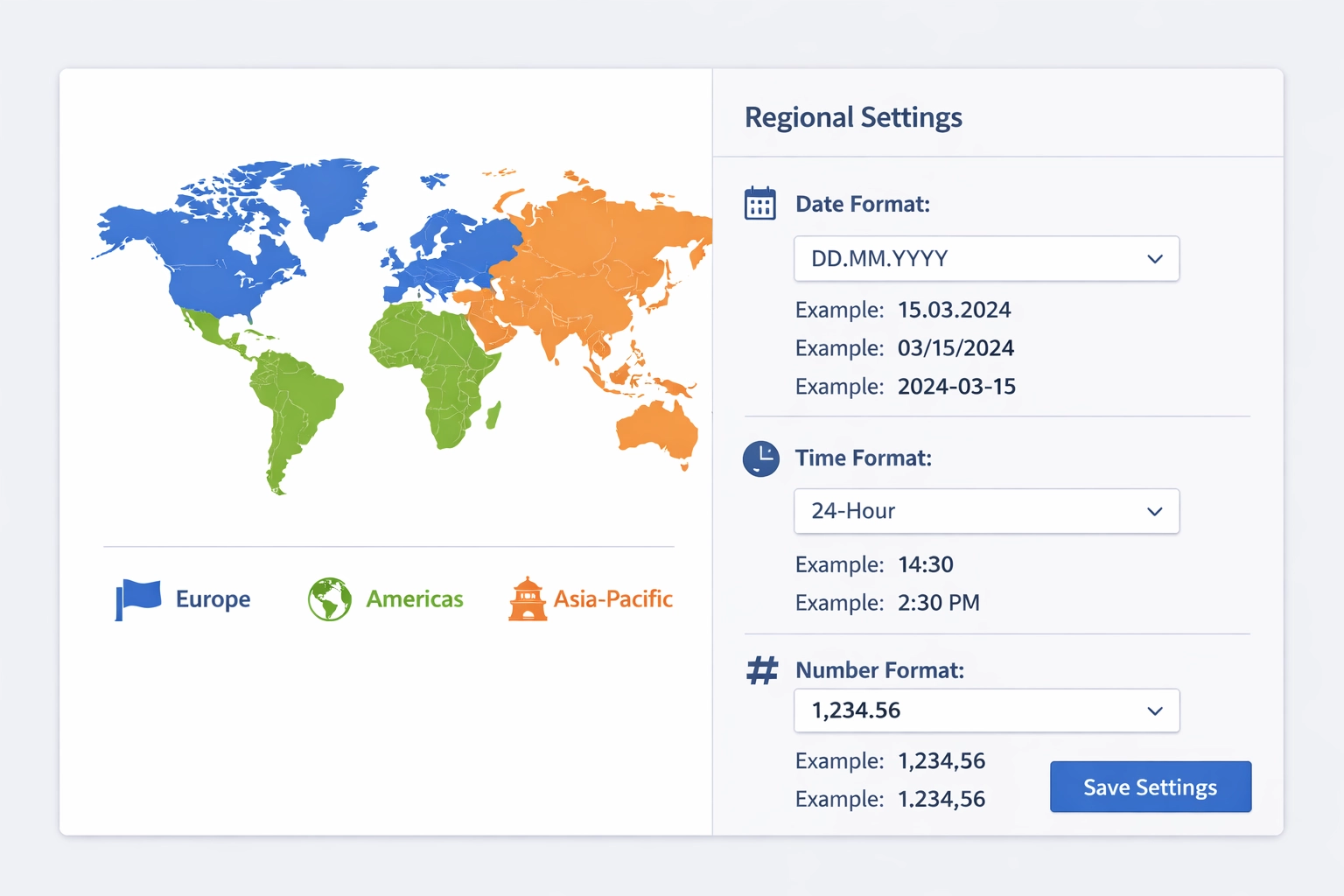 Regional settings configuration panel with world map and date format examples