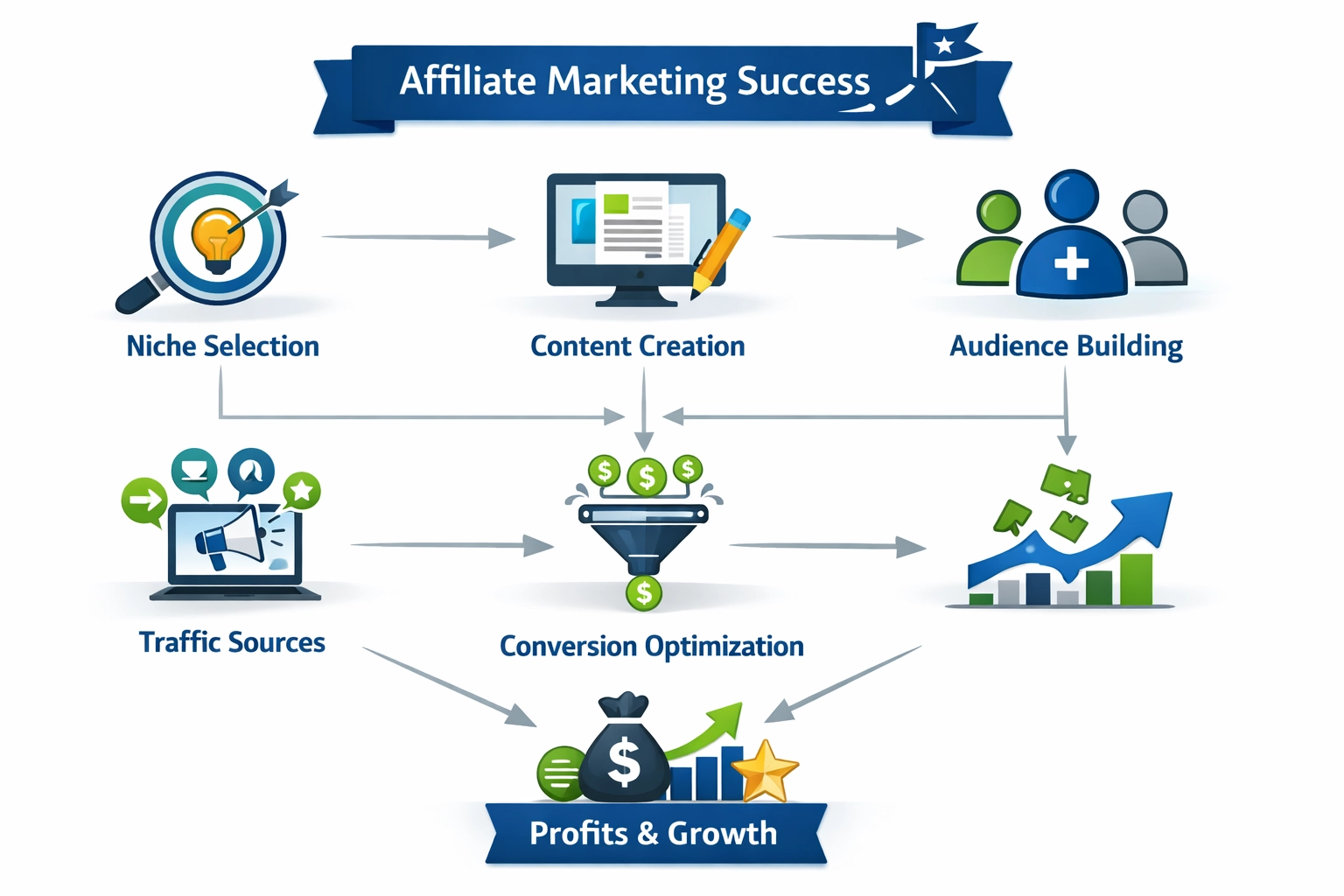 Strategic roadmap showing interconnected elements of affiliate marketing success