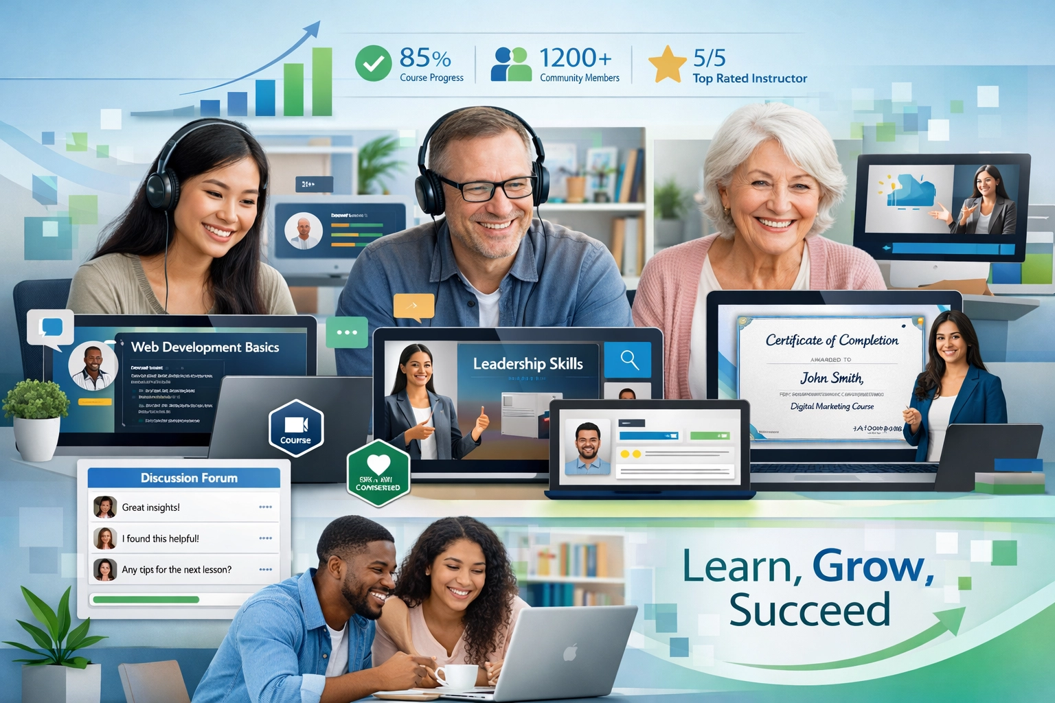 Modern online education platform showing diverse learners and course content