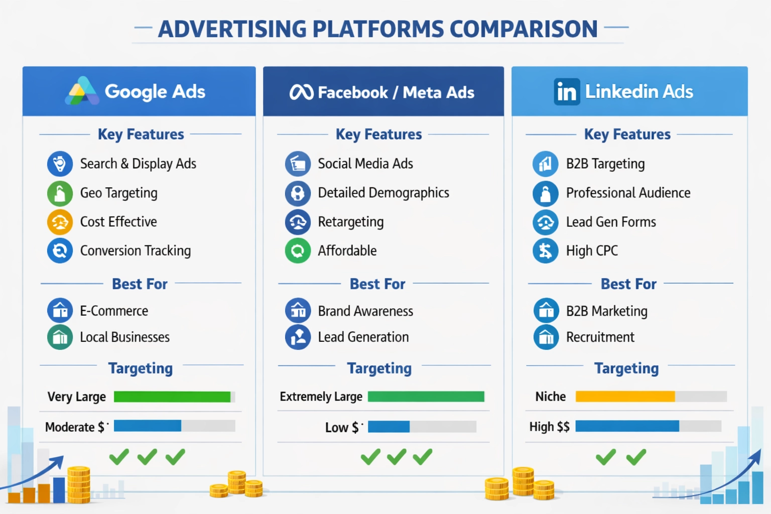 Professional infographic comparing Google Ads, Facebook Ads, and LinkedIn Ads for geotargeting capabilities