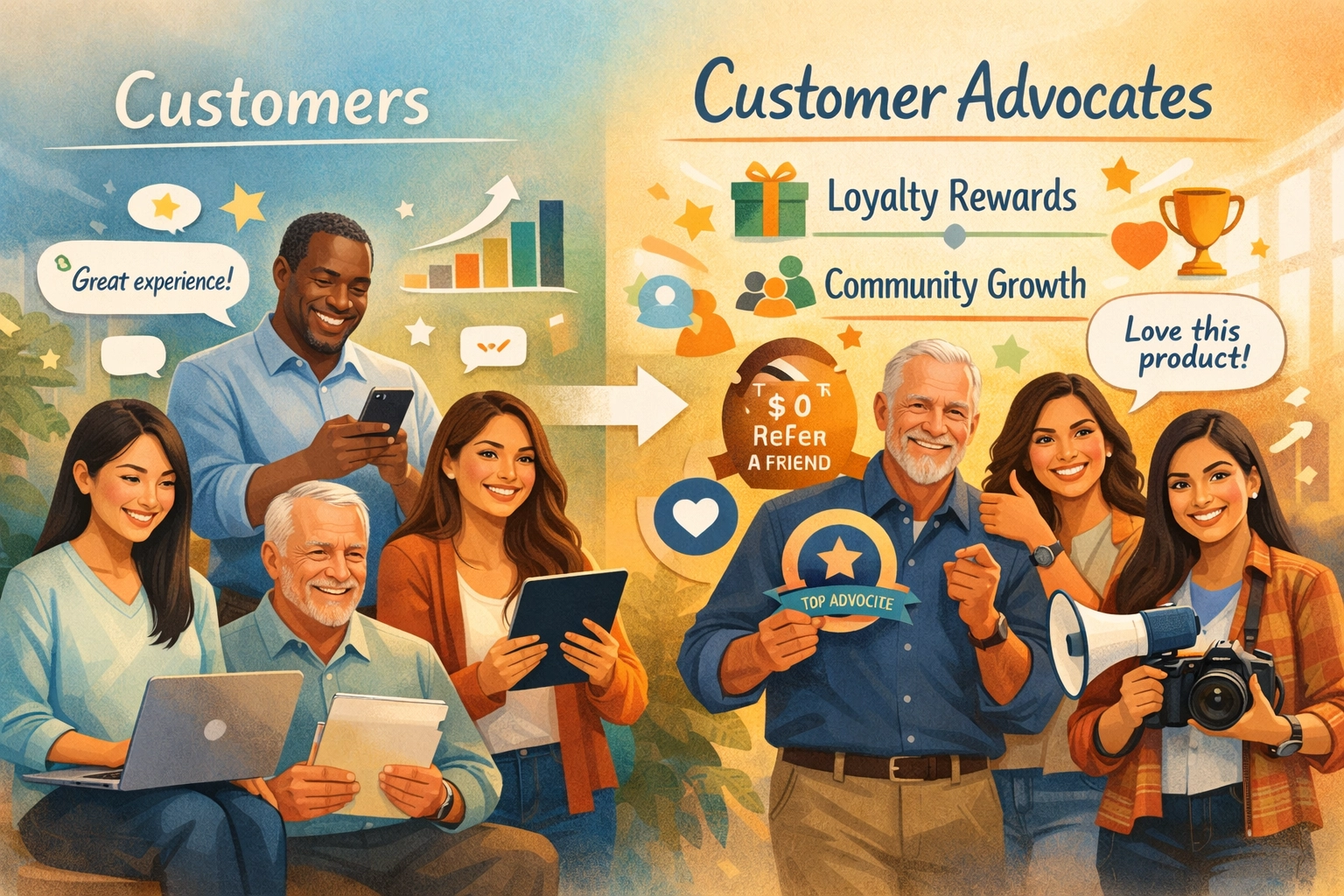 Customer advocacy program showing diverse customers becoming brand ambassadors