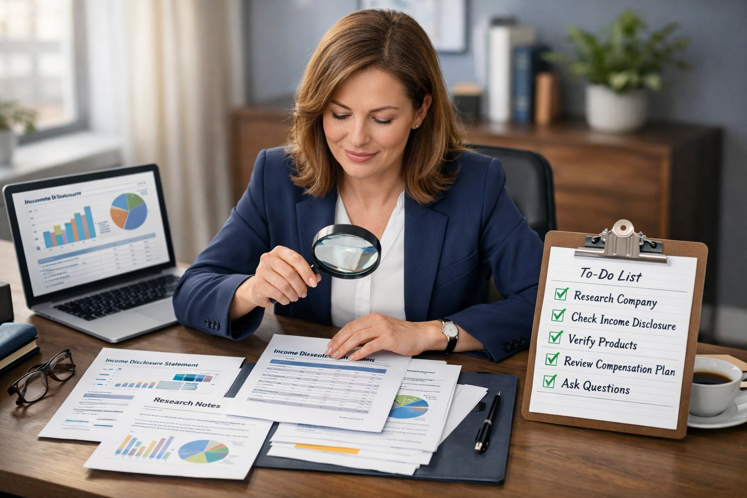 Business person evaluating and researching a business opportunity with documents and checklist