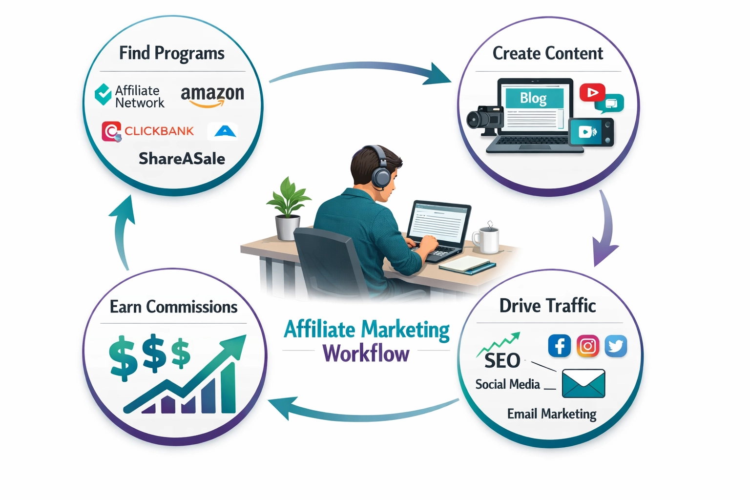 Affiliate marketing workflow showing four steps: find programs, create content, drive traffic, and earn commissions