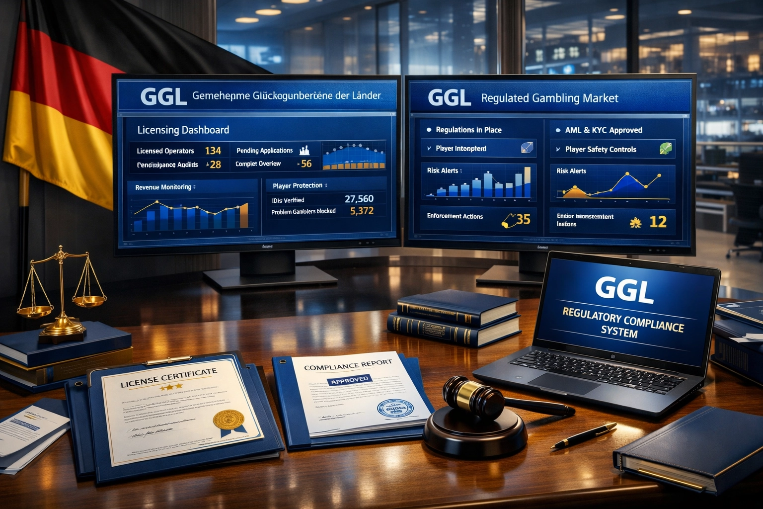 German gambling regulation compliance dashboard with GGL licensing interface