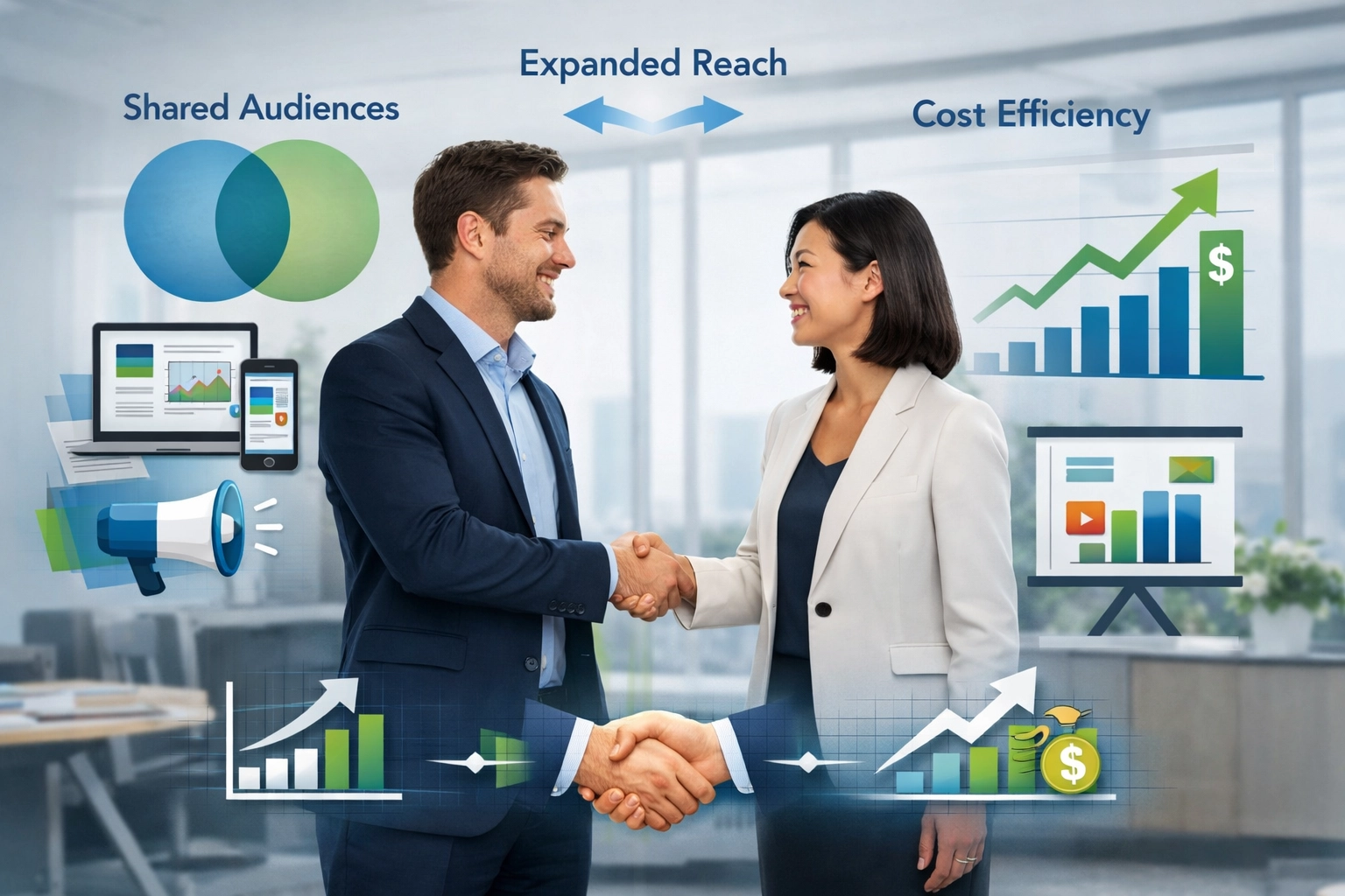 Co-marketing partnership visualization showing shared audiences and expanded reach