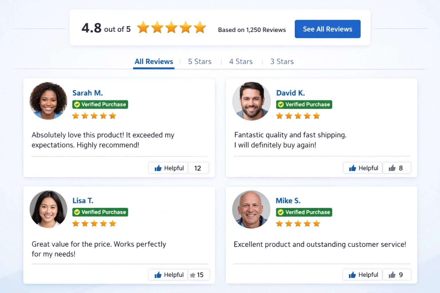 Modern website interface displaying customer reviews and testimonials with ratings and verified badges