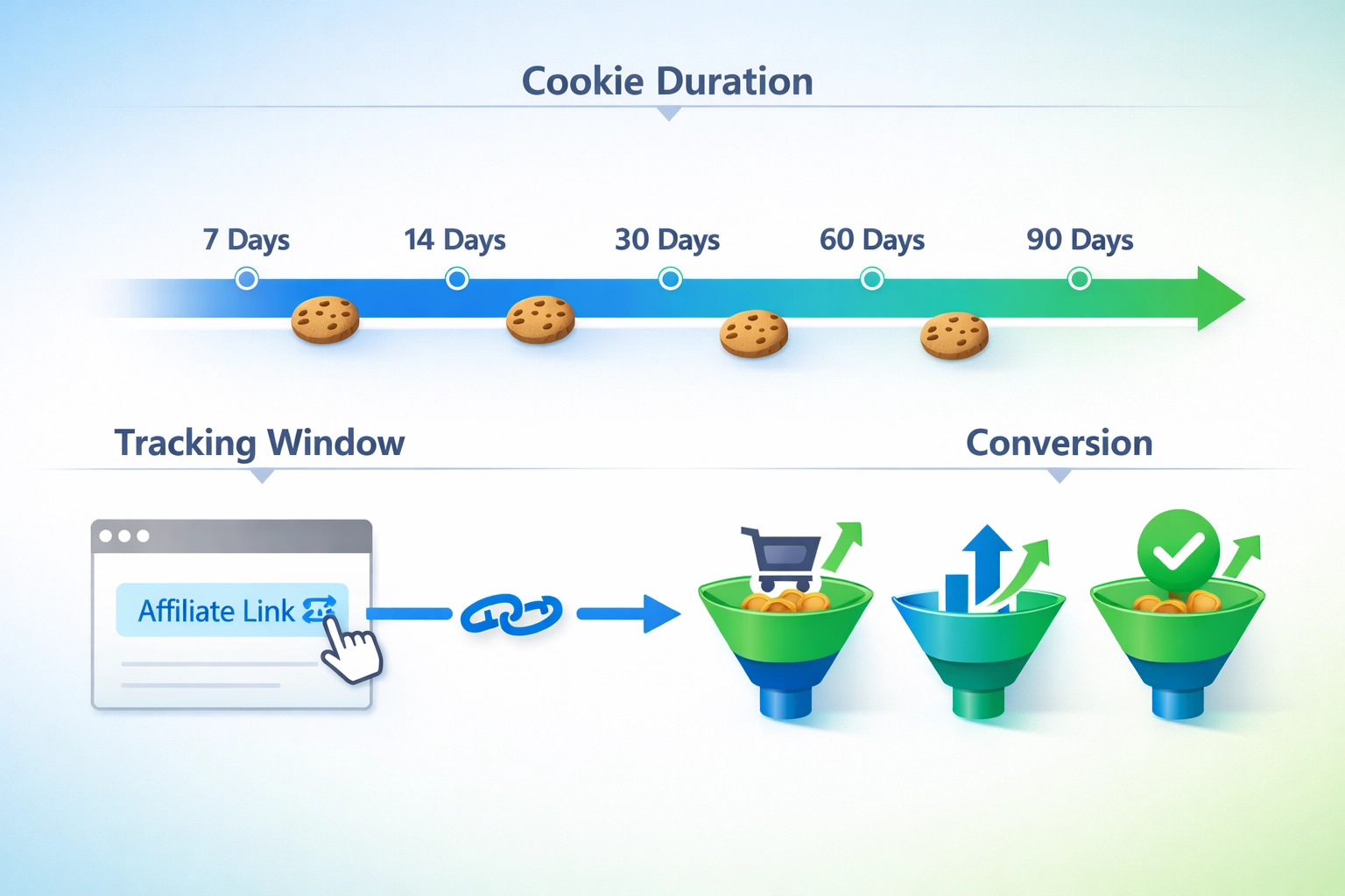 Affiliate marketing cookie tracking timeline showing conversion windows