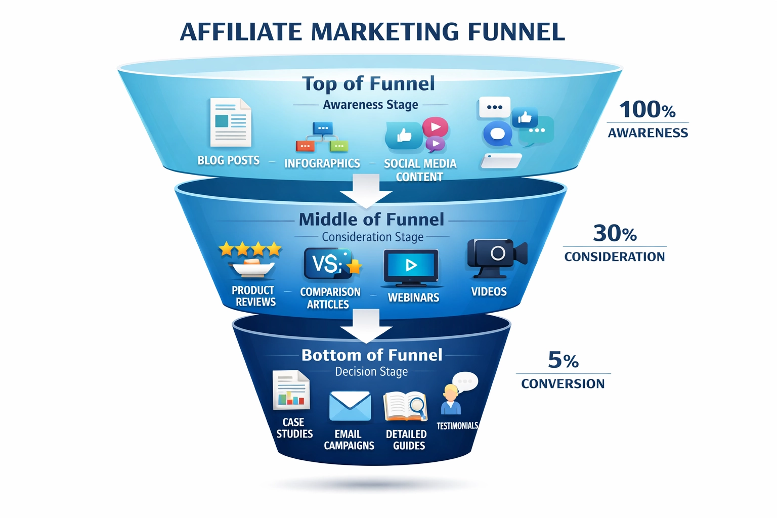 Affiliate marketing funnel showing content types at each stage
