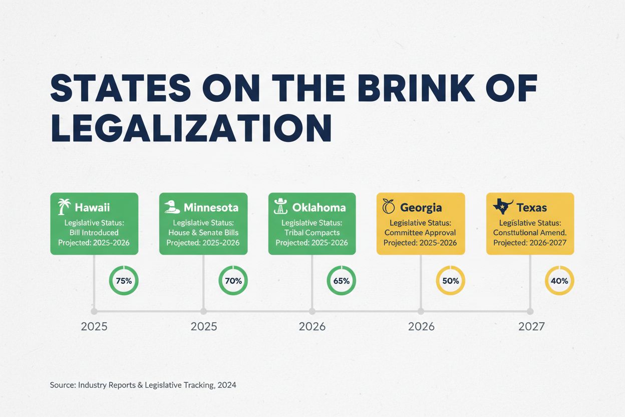 Timeline showing Hawaii, Georgia, Texas, Minnesota, and Oklahoma approaching sports betting legalization with projected dates