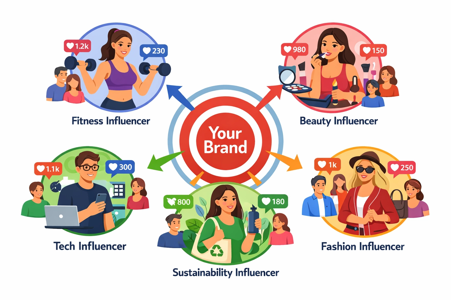 Niche targeting visualization showing micro-influencers in different industries connecting to target brand