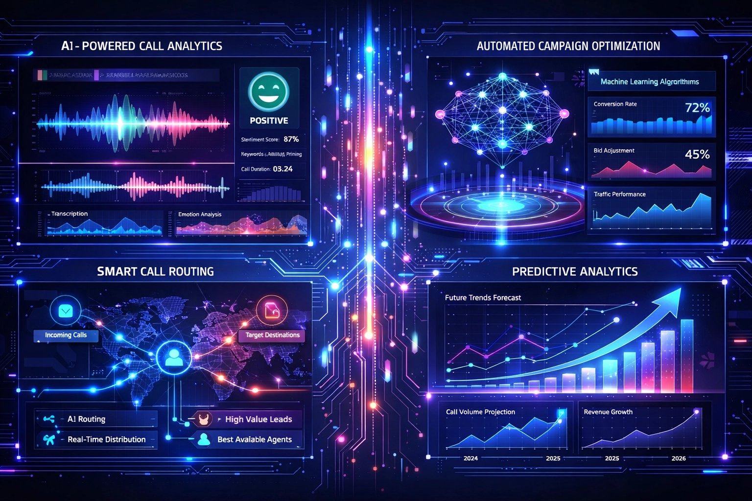AI and automation dashboard for pay per call marketing showing predictive analytics and real-time optimization