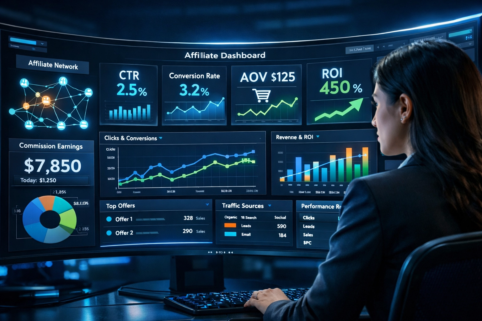 Modern affiliate marketing dashboard showing analytics, conversion rates, and performance metrics
