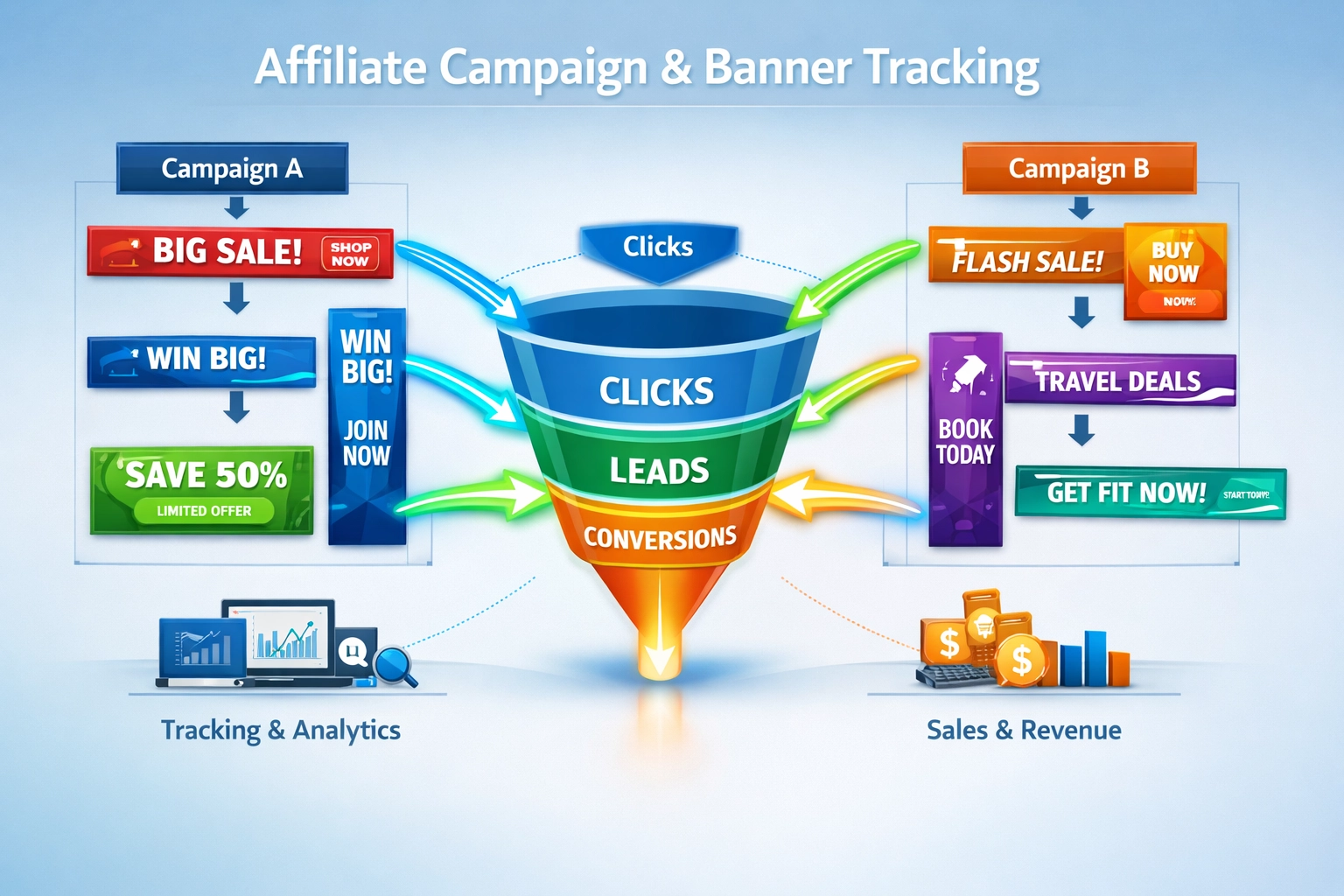 Campaign and banner tracking flow diagram showing attribution paths