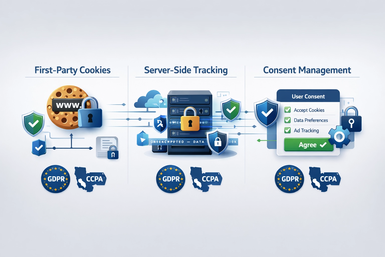 Privacy-compliant tracking methods including first-party cookies and server-side tracking