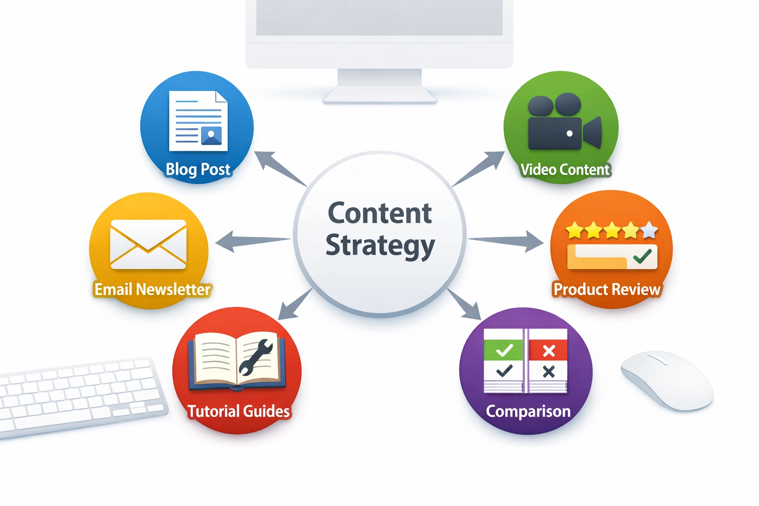 Content creation workflow showing different content formats for affiliate marketing