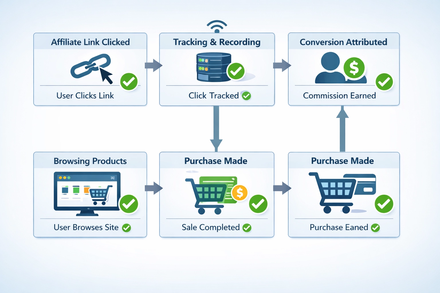 Affiliate marketing tracking flow from click to conversion