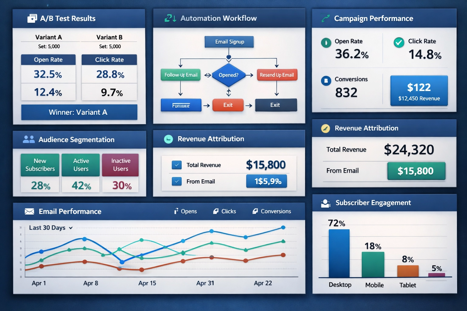 Email marketing dashboard showing analytics, A/B testing results, automation workflows, and performance metrics